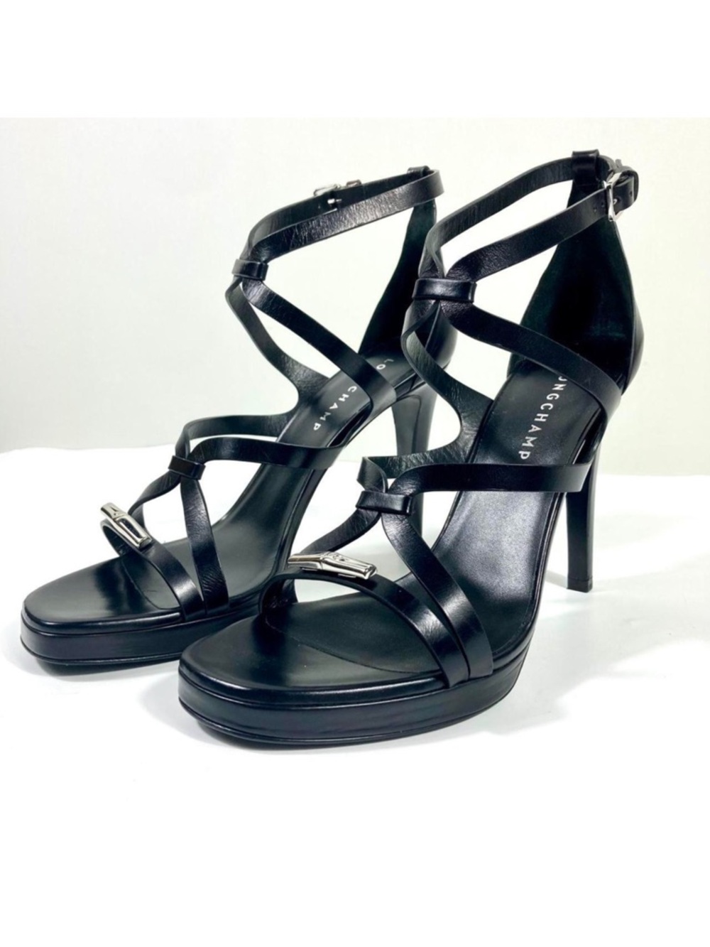 Longchamp Stiletto Heels Sandal Leather Black 40 EU 9 US NEW Italy